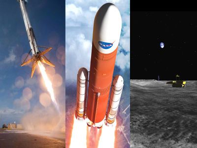 Three ways to lower the costs of human spaceflight: reusable launch vehicles (left), heavy lift rockets (middle), mining the Moon for propellant (right). All three have advantages and disadvantages. 