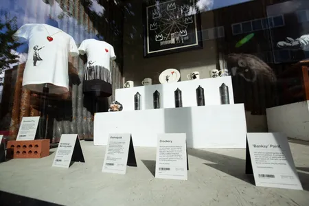 Merchandise inside Banksy&#39;s London pop-up, Gross Domestic Product,&nbsp;which the artist created in an attempt to hold onto his trademark during ongoing legal battles with the greeting card company Full Colour Black.
