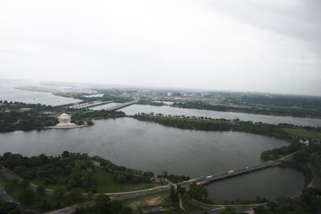 A view of the Tidal Basin with the Jefferson, Franklin Delano Roosevelt and Martin Luther King Jr., Memorials. 