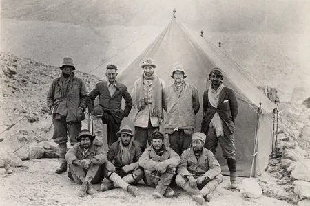 Andrew Irvine, back left, stands beside George Mallory and other members of the British Mount Everest expedition in 1924.