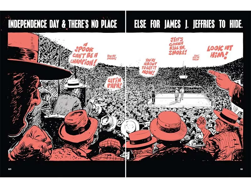A spread from a graphic colorized in red, black and white depicting a large crowd watching a boxing match