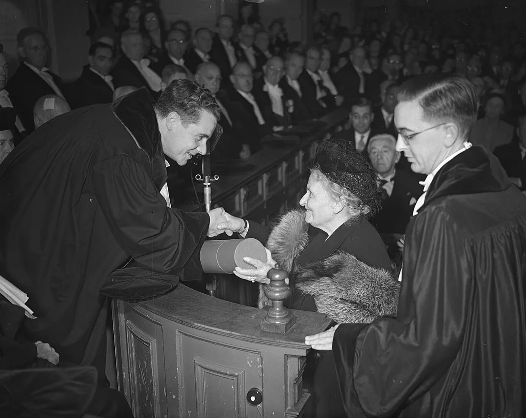 Maria Montessori receives an honorary doctorate in 1950.