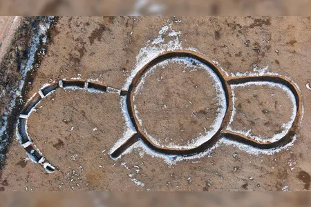 An aerial view of the structure, which resembles a wonky, incomplete bow tie.