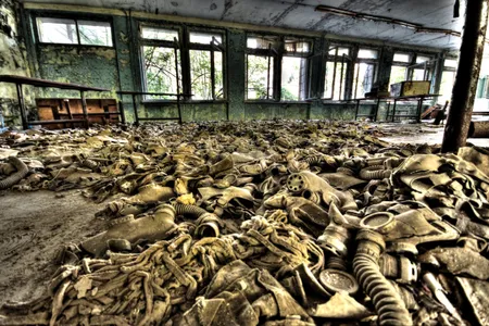 Child-sized gas masks in elementary school, Pripyat, Chernobyl zone of exclusion