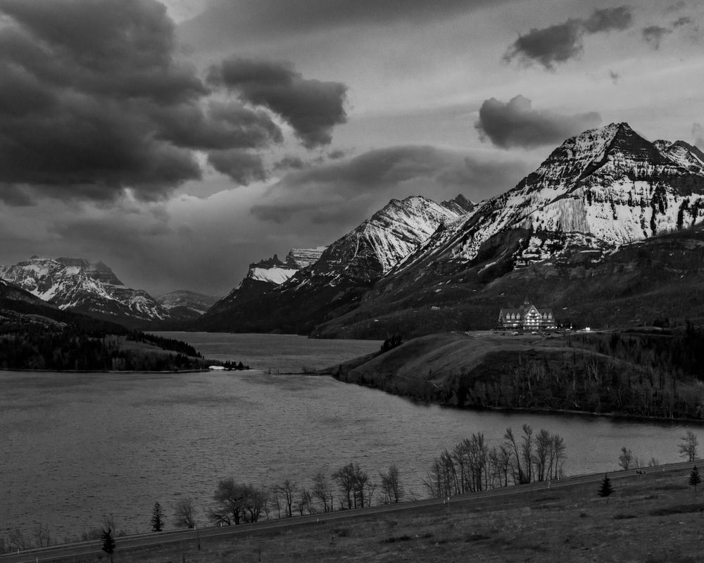 Waterton Lake and the Prince of Wales Hotel on a stormy day.