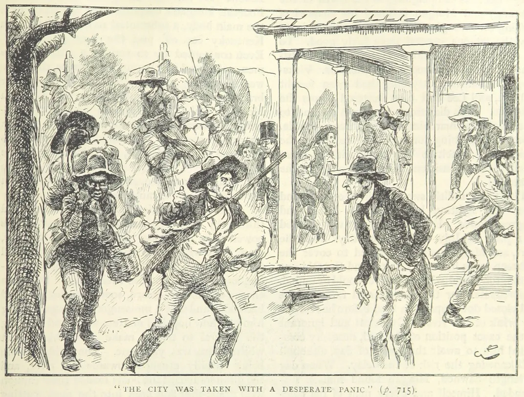 An illustration of civilians in Louisville, Kentucky, panicking as John Hunt Morgan’s forces approach