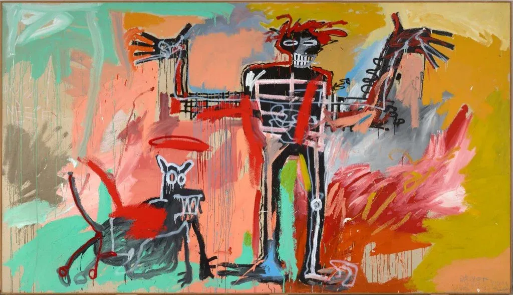 Painting with vivid colors and a skeletal human figure next to a skeletal dog figure