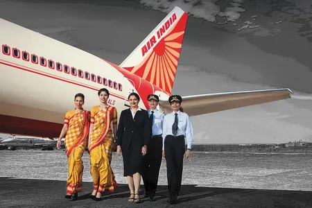 Harpreet De Singh (center) and pilots Kshamta Bajpai and Sunita Narula (with two flight attendants, left) are part of a growing contingent of women in high places at Air India.