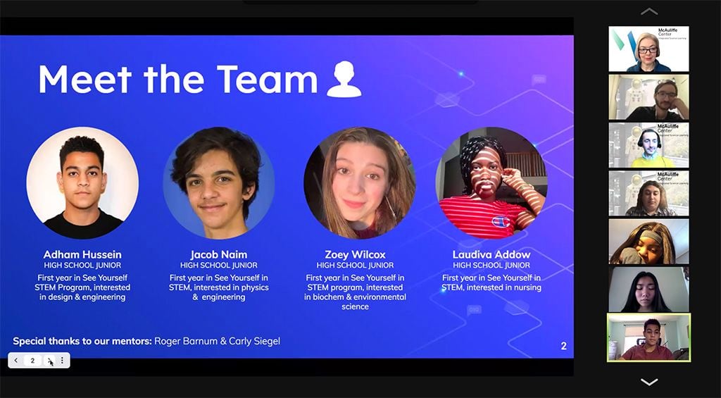Zoom screen grab with student profile photos on a blue background