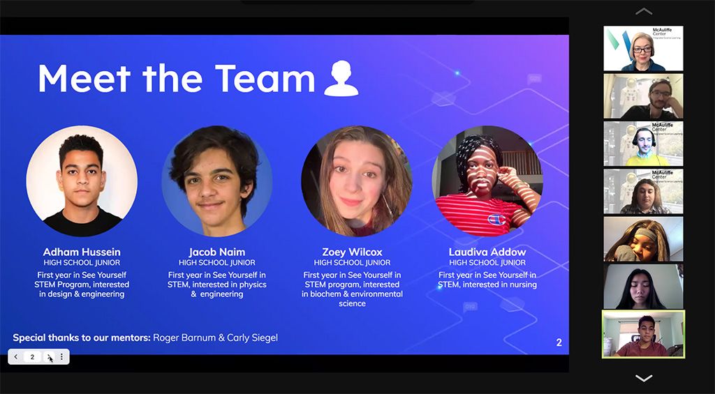 Zoom screen grab with student profile photos on a blue background