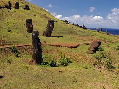 Outer slope of the Rano Raraku volcano, the quarry of the Moais with many uncompleted statues.