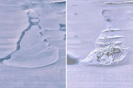 Satellite images of the Southern Amery Ice Shelf show the ice-covered lake before and after a fracture in the ice shelf beneath caused it to drain into the sea.
