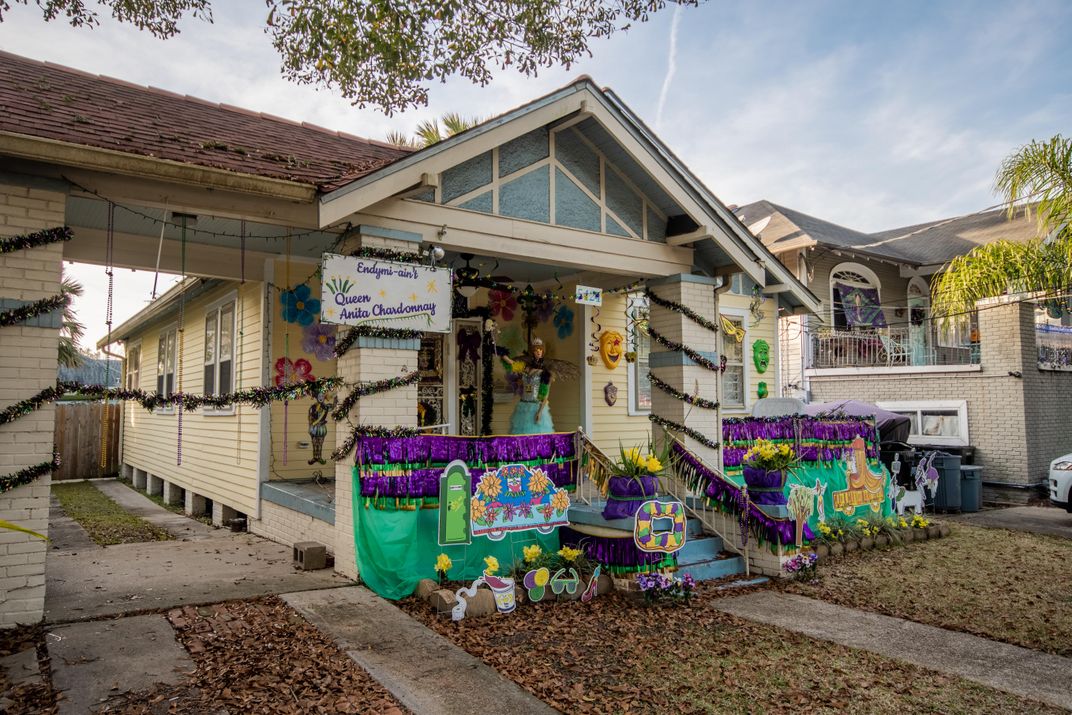 A New Orleans "house float" decorated for Mardi Gras