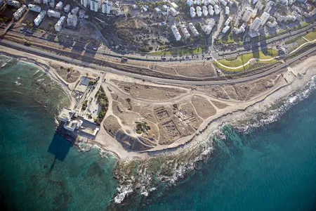 Aerial view of Tel Shiqmona, an ancient coastal site near modern-day Haifa, Israel, where dye-making reached an industrial scale