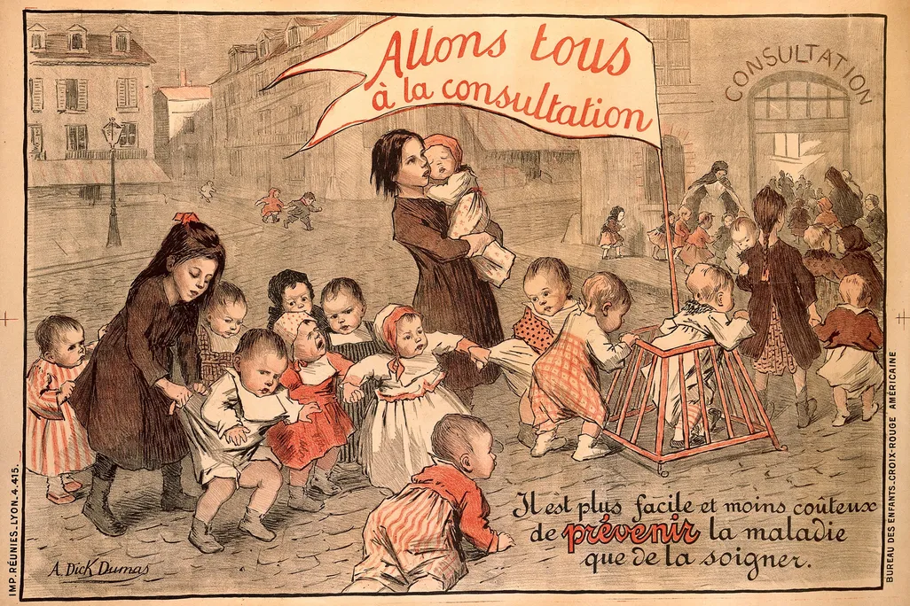 A lithograph by Alice Dick Dumas depicts children going to a clinic for a health check to prevent the advance of disease