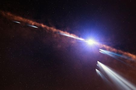 An artist's impression shows exocomets orbiting the star Beta Pictoris