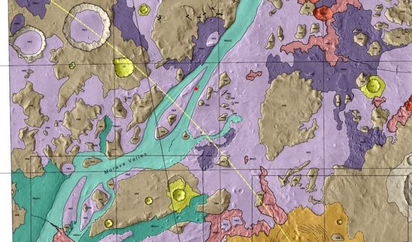 A low-lying topographic depression known as Margaritifer basin. (Sharon A. Wilson, John A. Grant, and Kevin K. Williams (2020), Geologic Map of Morava Valles and Margaritifer basin, Mars, MTM Quadrangles -10022 and -15022, 1:500,000 scale, USGS Scientific Investigations Map, in press.)