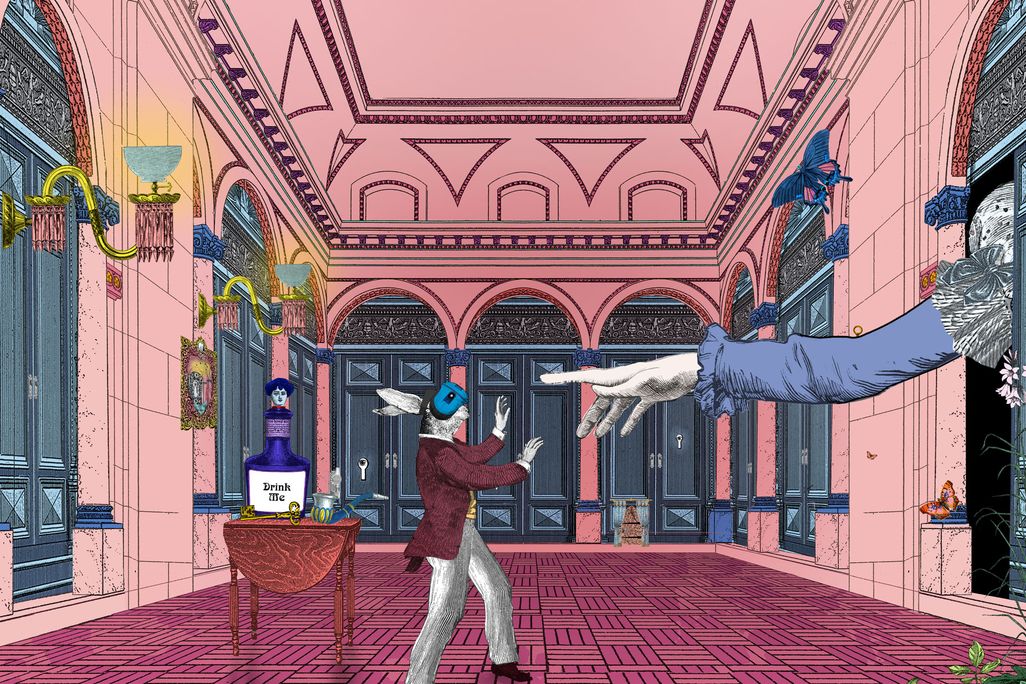 A white rabbit in a maroon topcoat wanders with hands oustretched in an ornate pink hall, wearing a VR headset; behind the rabbit, a table with a potion labeled DRINK ME; nearby, a large disembodied outstretched hand points at the rabbit