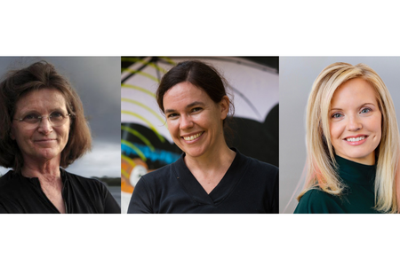 From left to right there are three panels. In the first panel, Dr. Nancy Knowlton is smiling in front of a dark, cloudy sky. She has brown hair and is wearing glasses and a black wet suit. In the second panel, Dr. Rachel Page is smiling, has her hair up,