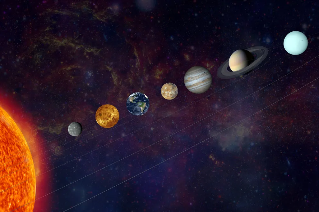 An illustration of all the planets in our solar system in a diagonal line coming out from the sun