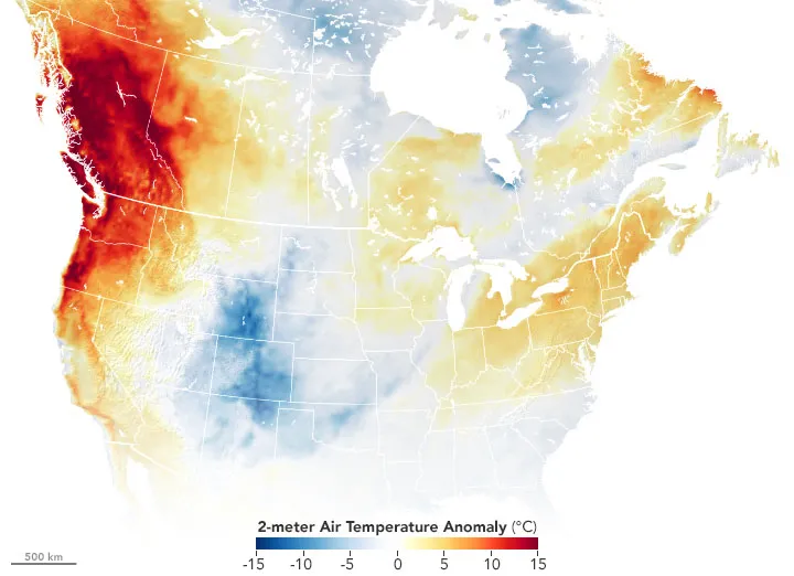 Air temperature anomolies during the June 2021 Pacific Northwest heat dome. The darkest red areas depicted on the map were experiencing air temperatures in excess of 27 degrees Fahrenheit higher than recent historic (2014-2020) averages.