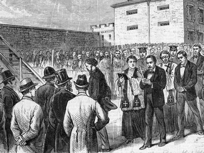 This illustration, entitled "THE MARCH TO DEATH," depicts Molly Maguire members on the way to the gallows in Pottsville, Pennsylvania. 