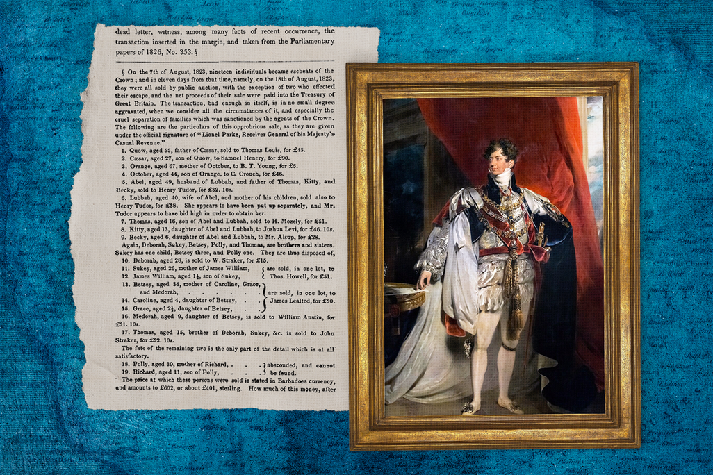 Illustration of George IV next to writeup about the sale of 17 escheated individuals