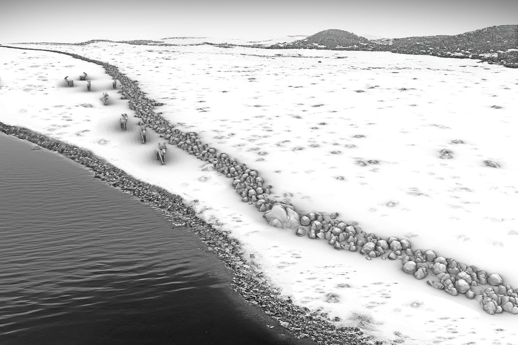 an illustration of deer walking along a short stone wall in a flat, snowy landscape beside a lake