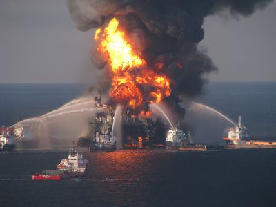 Fire-fighting boats battle the blaze at BP’s Deepwater Horizon oil platform.