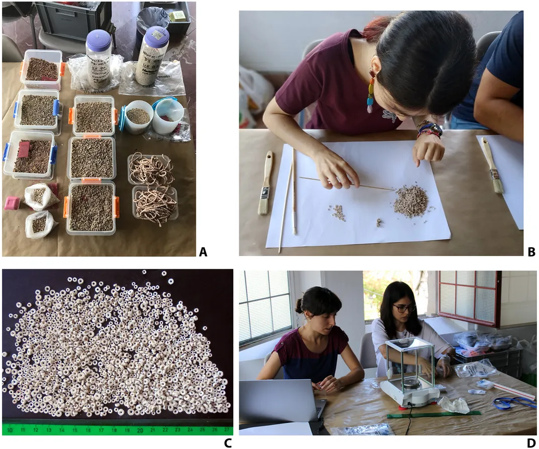 Several photos showing people cleaning beads