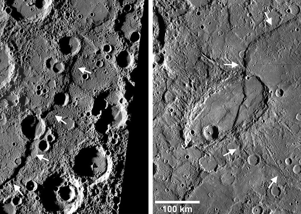 Two prominent lobate thrust fault scarps on Mercury, Discovery Rupes and Beagles Rupes, imaged by Mercury Dual Imaging System (MDIS) on the MESSENGER spacecraft. Discovery Rupes (left), named for the ship HMS Discovery, shown here in a MDIS high-incidence angle image mosaic, was first imaged by Mariner 10 in the mid-1970’s. Beagle Rupes (right), a bow-shaped fault scarp, was initial imaged during MESSENGER’s first flyby.