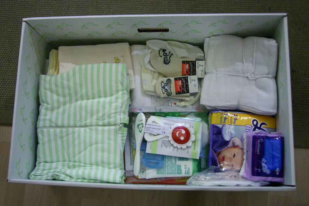 A maternity care package provided by Finland.