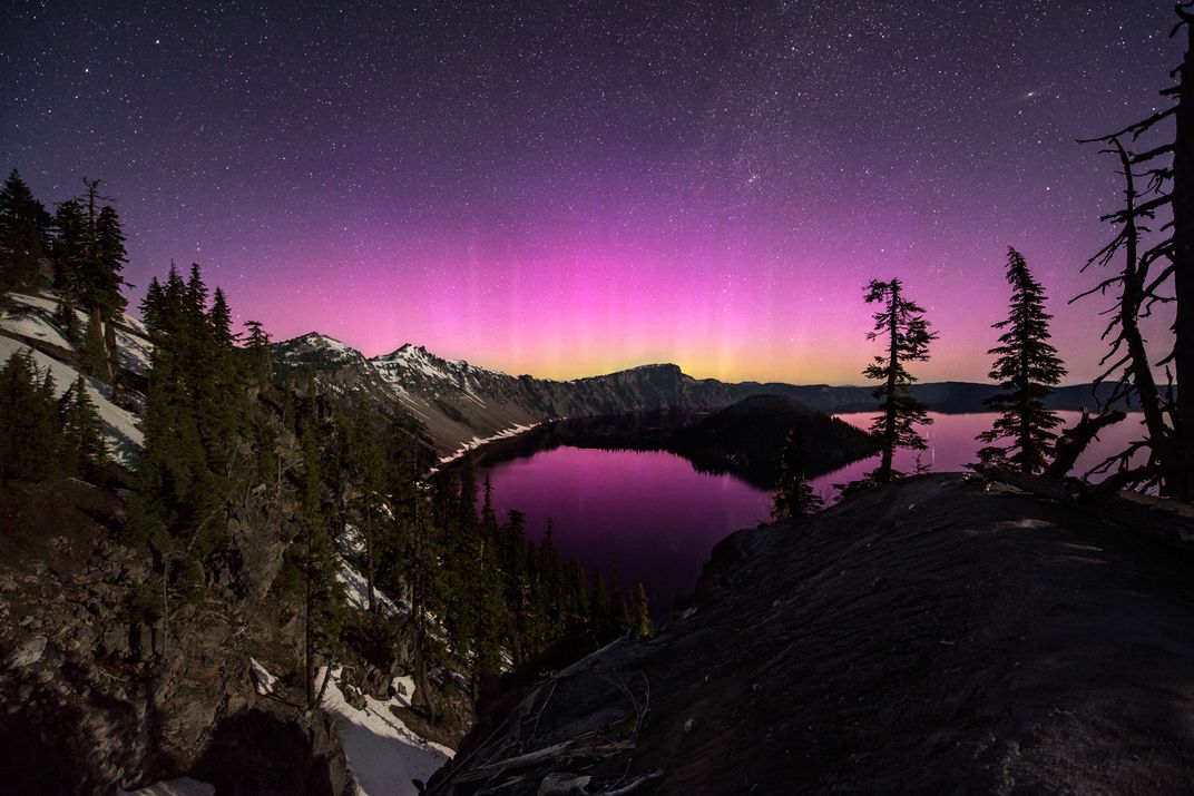An extremely rare appearance of the aurora borealis over Crater Lake