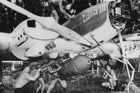 A TDR-1 being prepared for a mission on Mbanika Island, in the Solomons. Note the TV camera in the nose.