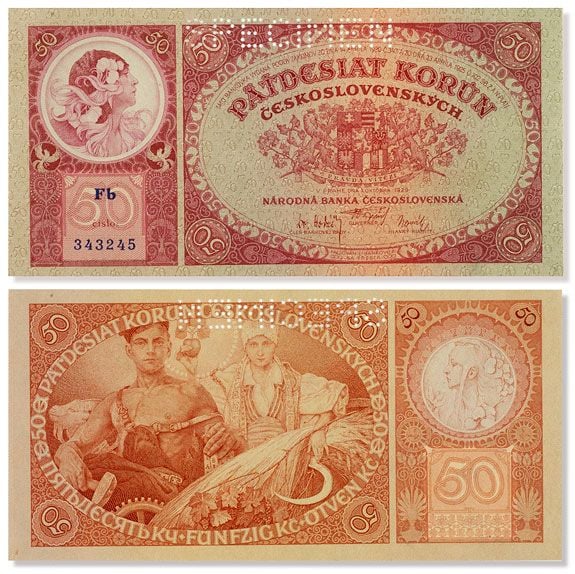 The front and back of the 50 korun note, designed by Mucha