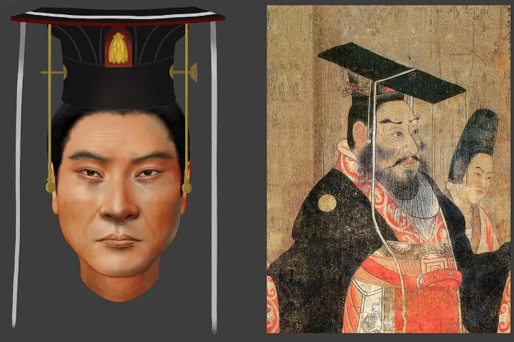 Digital reconstruction of Emperor Wu's face, alongside a painting made of him from the 'Thirteen Emperors Scroll.'