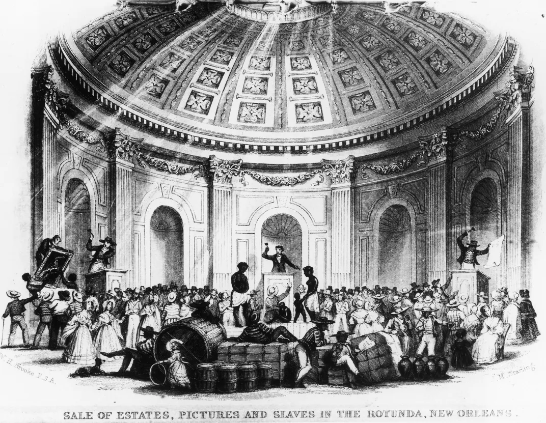An engraving of enslaved people being sold in New Orleans in the rotunda of St. Charles Hotel around 1839