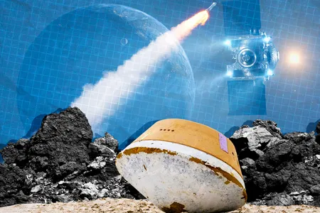 The OSIRIS-REx sample return capsule (foreground) landed in the Utah desert on September 24, carrying samples collected from the near-Earth asteroid Bennu (background).&nbsp;