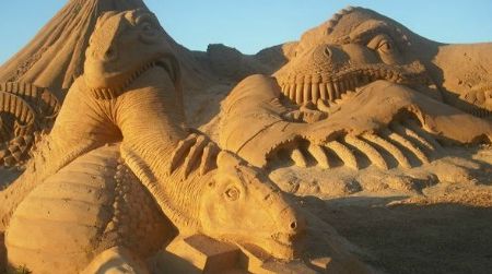 Sand sculpture dinosaurs, as seen in Albufeira, Portugal