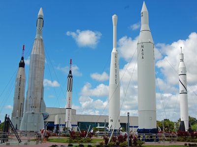 Historic rockets on display at NASA's Kennedy Space Center in Florida (including, from left, variants of Atlas, Redstone, Thor, and Jupiter) can all trace their engine heritage to the propulsion research of George Sutton. 