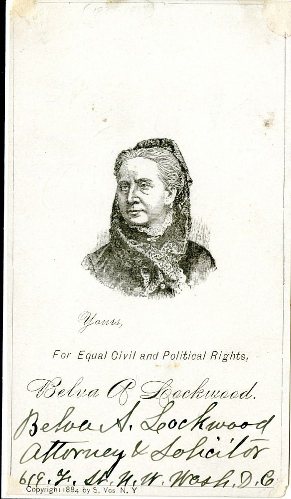 Off white card with black and white illustration of Belva Lockwood