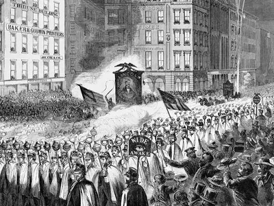 America’s public, partisan and passionate campaigns fired up uniformed young men who participated in torchlit marches, a style pioneered by the Republican Wide Awakes stumping for Abraham Lincoln in 1860 (above: a procession stomped through Lower Manhattan’s Printing House Square).