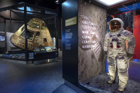 The Apollo 11 Command Module Columbia, the only part of the spacecraft from the first moon-landing expedition to return to Earth, is on view with the space suit that Neil Armstrong wore when he walked on the moon in July 1969.