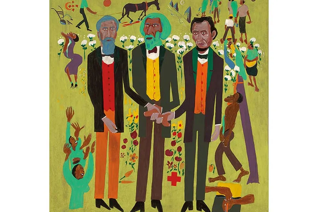 a colorful painting with three standing figures