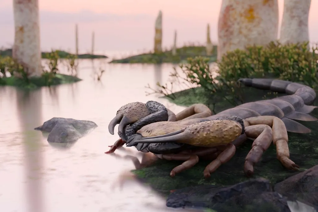 realistic rendering of a scorpion by a body of water