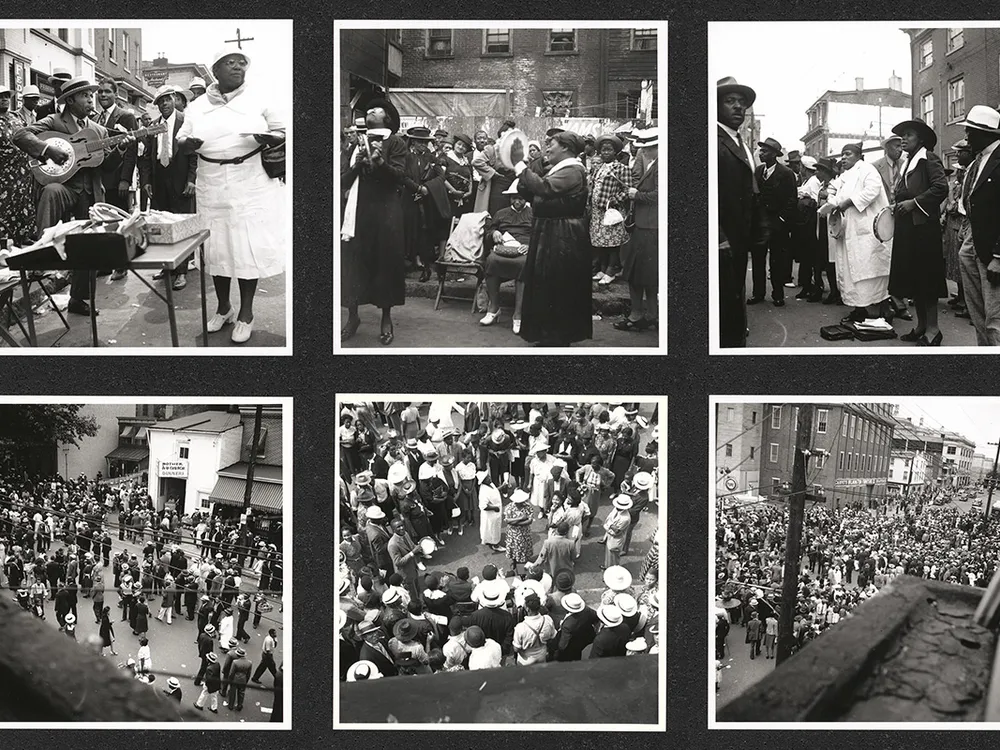 Grid of six black-and-white photographs of a crowded outdoor event.
