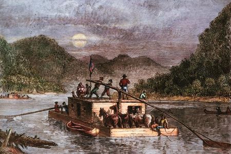 Pioneers' Flatboat, originally published in black and white in The Century Magazine (volume 92, May to October, 1916).