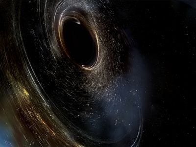 Artist’s conception of two merging black holes, spinning in a nonaligned fashion.