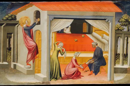 Saint Nicholas, Bishop of Myra, is shown throwing three balls of gold through a window, providing the dowry of three poverty-stricken maidens in an altarpiece painted between 1433 and 1435 for a monastery in Florence. The design was based on an altarpiece by Gentile da Fabriano of 1425.