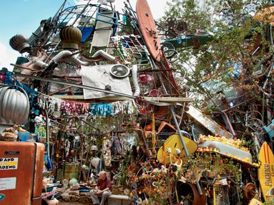 The rusted three-story hubcap- and bicycle-based Cathedral of Junk was created by Vince Hannemann, a South Austin guy who decided his backyard was as good a place as any to build a cathedral.
